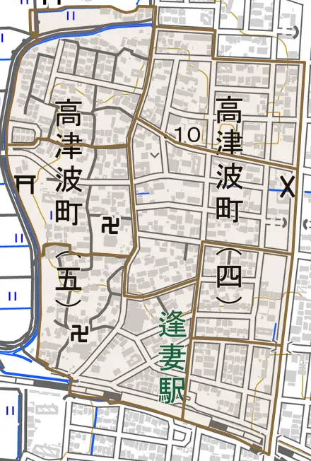 高津波町とその周辺の地図。町の範囲を重ねている