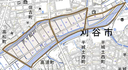 田町とその周辺の地図。町の範囲を重ねている