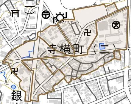 寺横町とその周辺の地図。町の範囲を重ねている