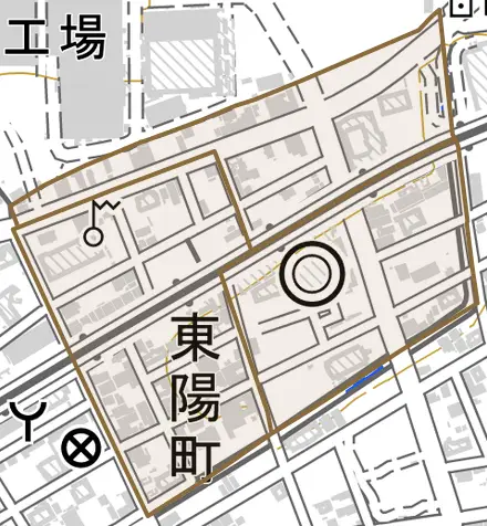 東陽町とその周辺の地図。町の範囲を重ねている