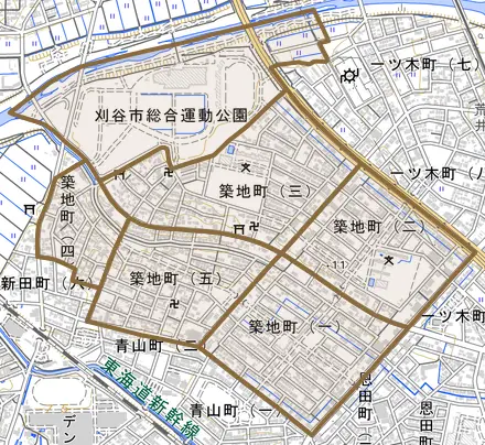 築地町とその周辺の地図。町の範囲を重ねている