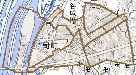 司町とその周辺の地図。町の範囲を重ねている