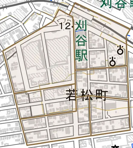 若松町とその周辺の地図。町の範囲を重ねている