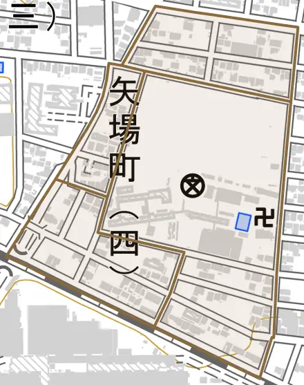 矢場町とその周辺の地図。町の範囲を重ねている