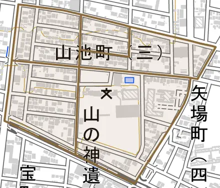山池町とその周辺の地図。町の範囲を重ねている