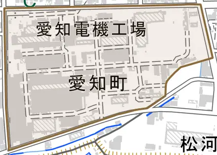 愛知町とその周辺の地図。町の範囲を重ねている