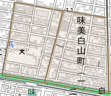 味美白山町とその周辺の地図。町の範囲を重ねている