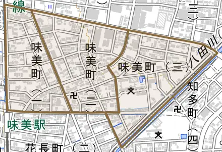 味美町とその周辺の地図。町の範囲を重ねている