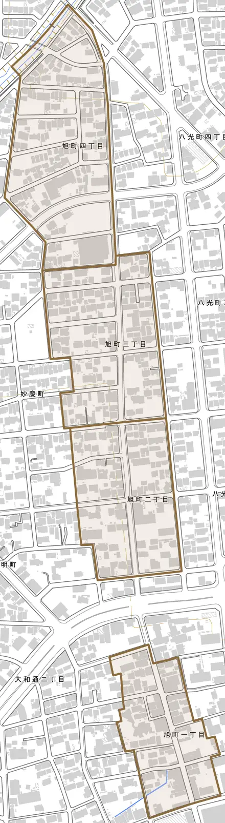 旭町とその周辺の地図。町の範囲を重ねている