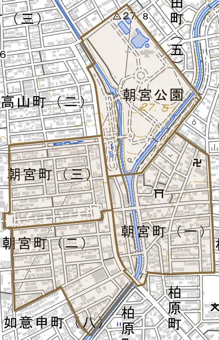 朝宮町とその周辺の地図。町の範囲を重ねている