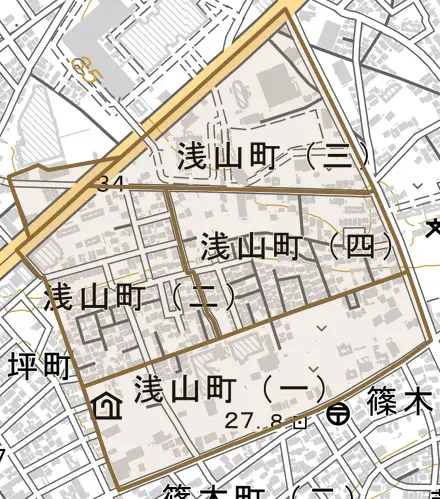 浅山町とその周辺の地図。町の範囲を重ねている