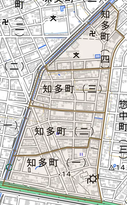 知多町とその周辺の地図。町の範囲を重ねている