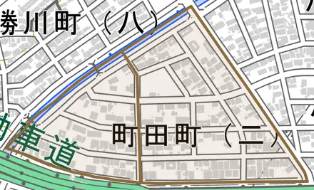 町田町とその周辺の地図。町の範囲を重ねている