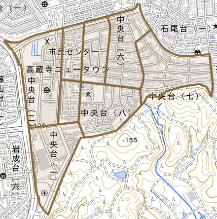 中央台とその周辺の地図。町の範囲を重ねている