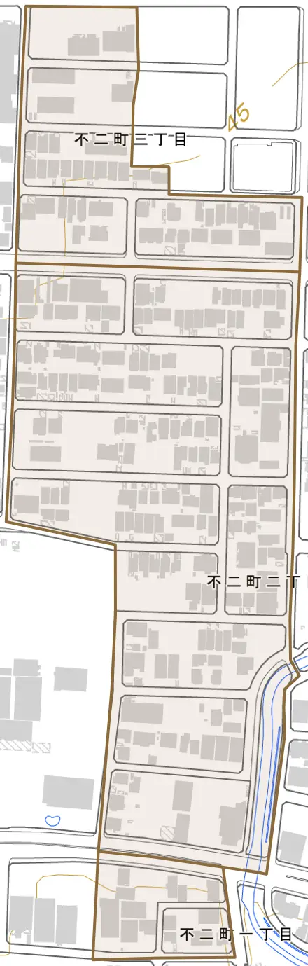 不二町とその周辺の地図。町の範囲を重ねている