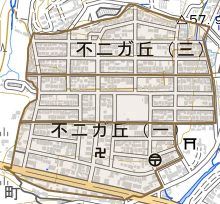 不二ガ丘とその周辺の地図。町の範囲を重ねている