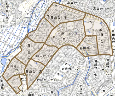 藤山台とその周辺の地図。町の範囲を重ねている