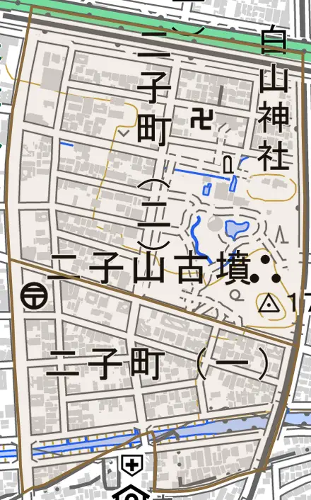 二子町とその周辺の地図。町の範囲を重ねている