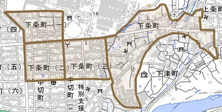 下条町とその周辺の地図。町の範囲を重ねている