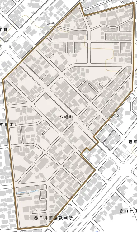 八幡町とその周辺の地図。町の範囲を重ねている