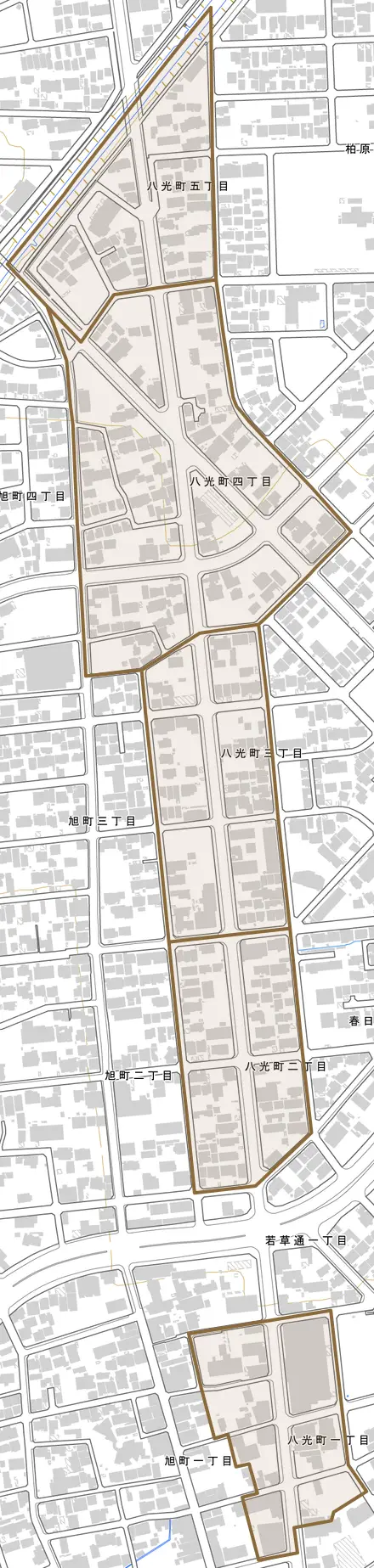八光町とその周辺の地図。町の範囲を重ねている