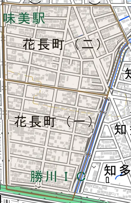 花長町とその周辺の地図。町の範囲を重ねている