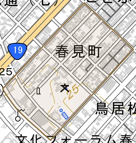 春見町とその周辺の地図。町の範囲を重ねている