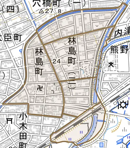 林島町とその周辺の地図。町の範囲を重ねている