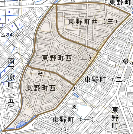 東野町西とその周辺の地図。町の範囲を重ねている