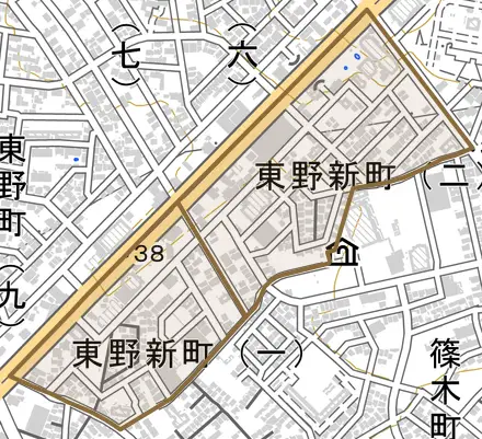 東野新町とその周辺の地図。町の範囲を重ねている
