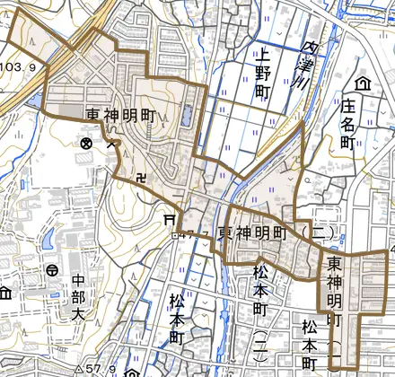 東神明町とその周辺の地図。町の範囲を重ねている