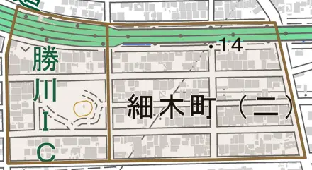 細木町とその周辺の地図。町の範囲を重ねている