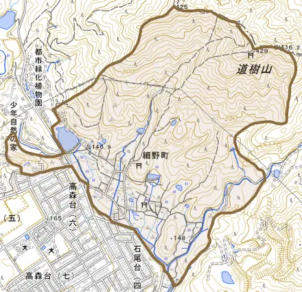 細野町とその周辺の地図。町の範囲を重ねている