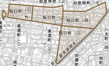 稲口町とその周辺の地図。町の範囲を重ねている