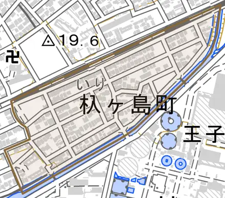 杁ケ島町とその周辺の地図。町の範囲を重ねている