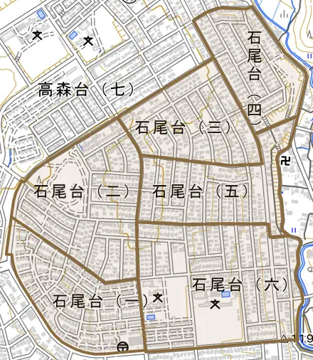 石尾台とその周辺の地図。町の範囲を重ねている