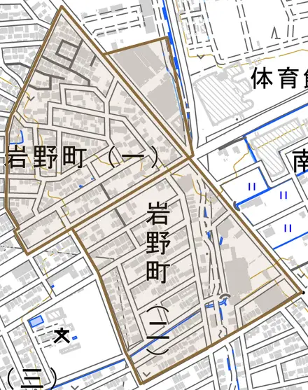 岩野町とその周辺の地図。町の範囲を重ねている