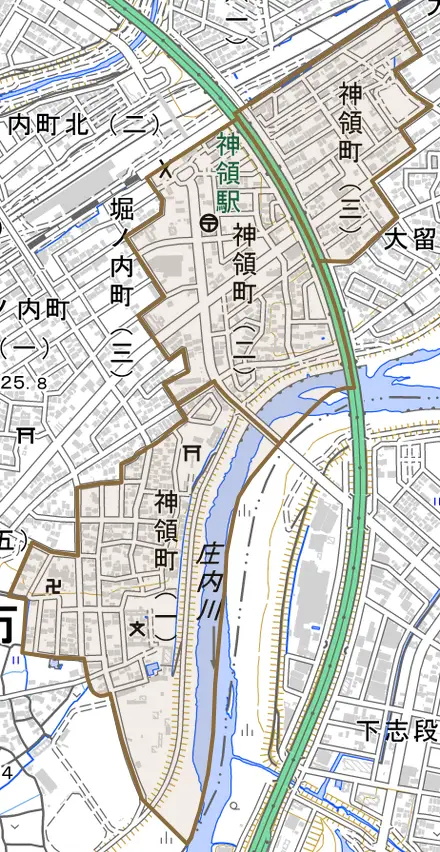 神領町とその周辺の地図。町の範囲を重ねている