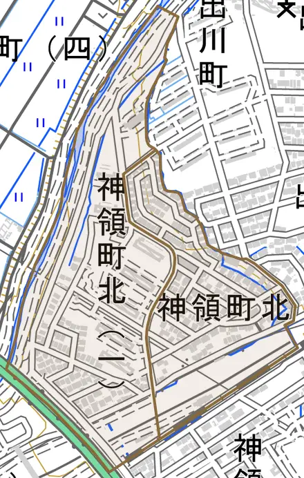 神領町北とその周辺の地図。町の範囲を重ねている