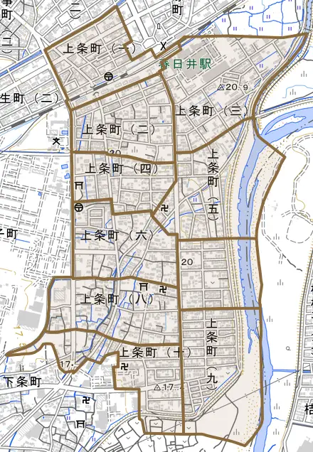 上条町とその周辺の地図。町の範囲を重ねている