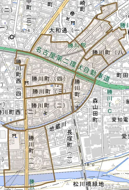 勝川町とその周辺の地図。町の範囲を重ねている