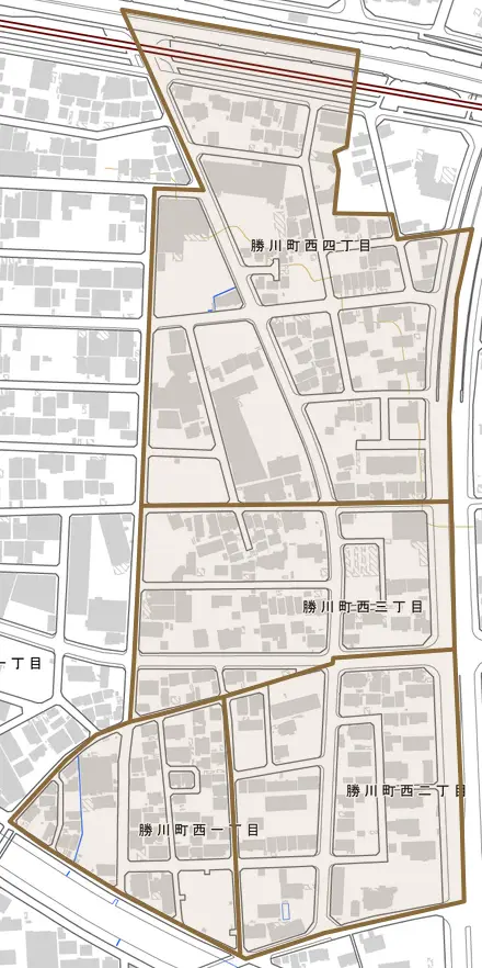 勝川町西とその周辺の地図。町の範囲を重ねている