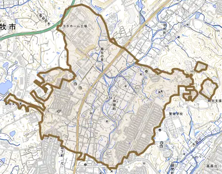 神屋町とその周辺の地図。町の範囲を重ねている