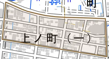 上ノ町とその周辺の地図。町の範囲を重ねている