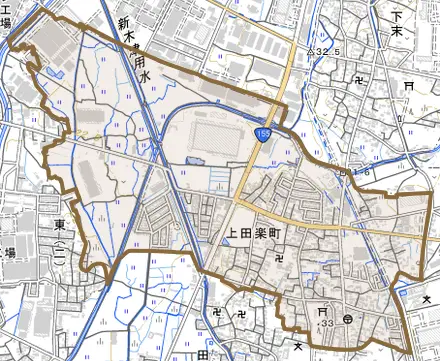 上田楽町とその周辺の地図。町の範囲を重ねている