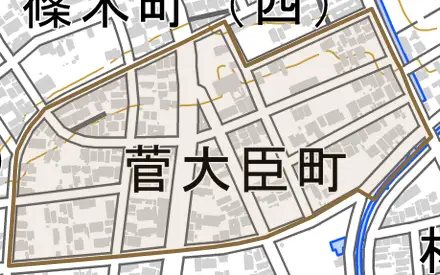 菅大臣町とその周辺の地図。町の範囲を重ねている