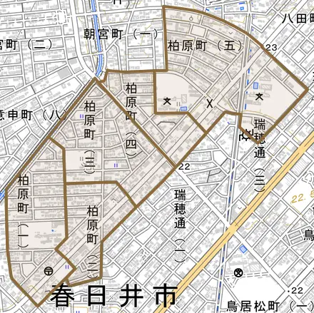 柏原町とその周辺の地図。町の範囲を重ねている