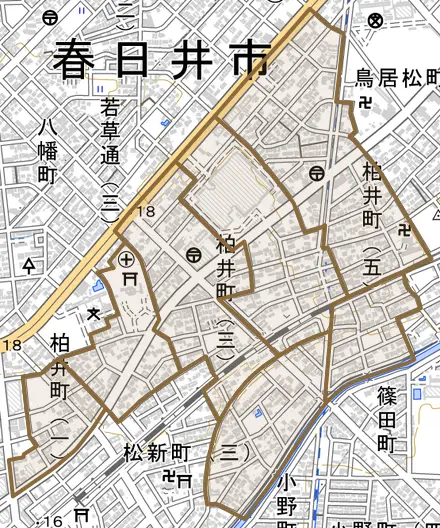 柏井町とその周辺の地図。町の範囲を重ねている