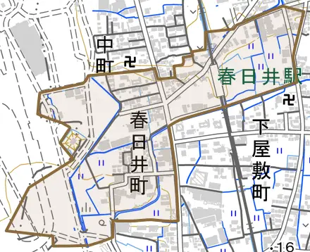 春日井町とその周辺の地図。町の範囲を重ねている