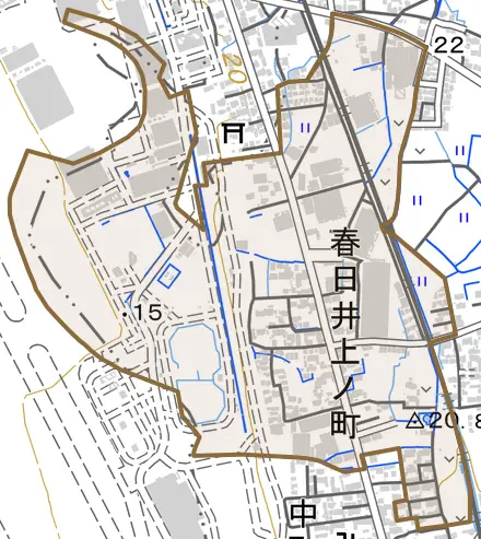春日井上ノ町とその周辺の地図。町の範囲を重ねている